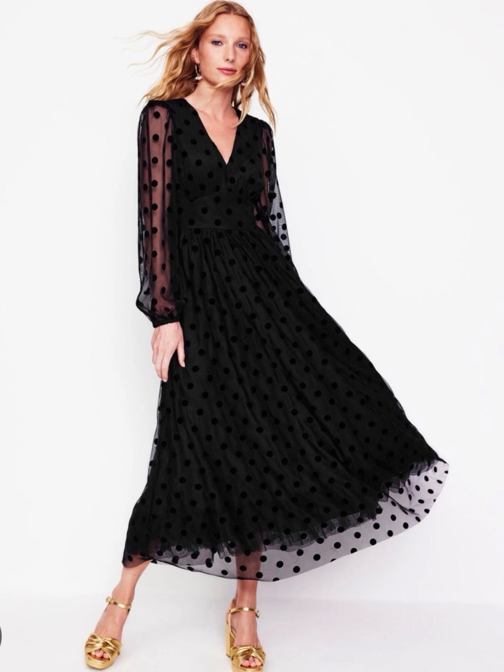 Boden Christina Black Polka Dot V-Neck Midi Dress